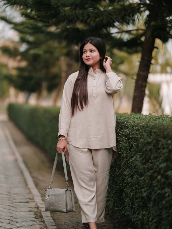 Full body view women's coord set price in Bangladesh - walking with bag beige