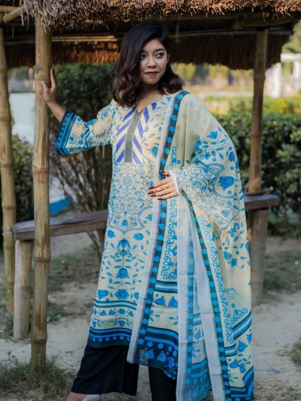 Blue Traditional Three Piece Set - Elegant Floral Cotton Salwar Kameez Collection