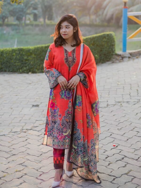 Coral Orange Digital Print Three Piece - Peacock Feather Design Salwar Kameez