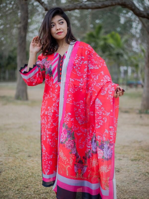 Red Floral Vine Printed Three Piece